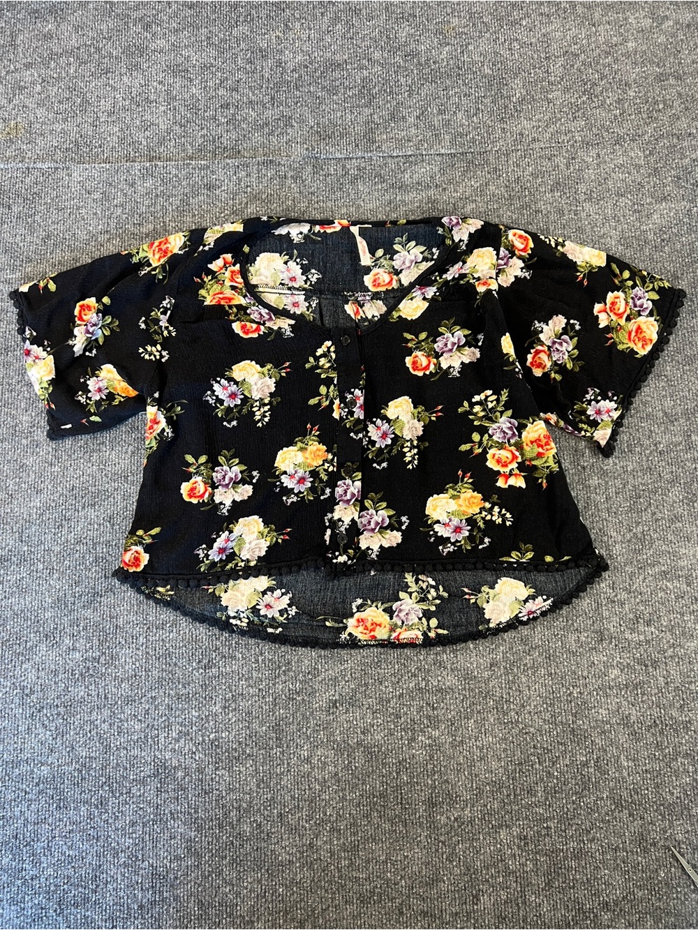 My Story Floral Blouse High Low Boho Cottagecore Black Large